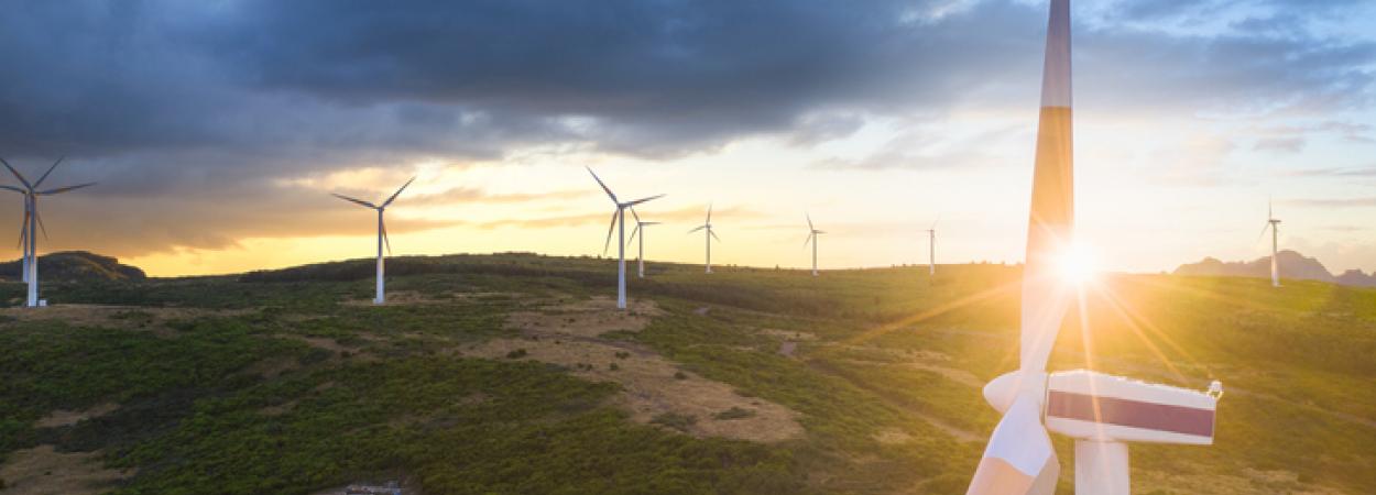 aerogeradores ao pôr-do-sol
