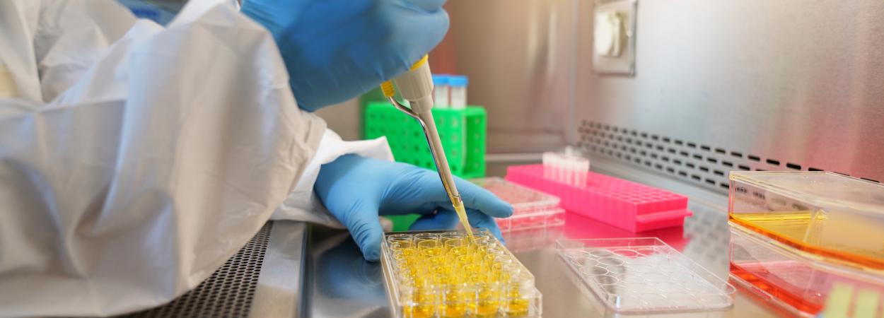 mão com luvas a encher pipetas em ambiente de laboratório