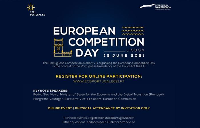 convite para o Dia Europeu da Concorrência em Lisboa, que consistia no contorno de uma torre de Belém em traço amarelo sobre fundo azul escuro