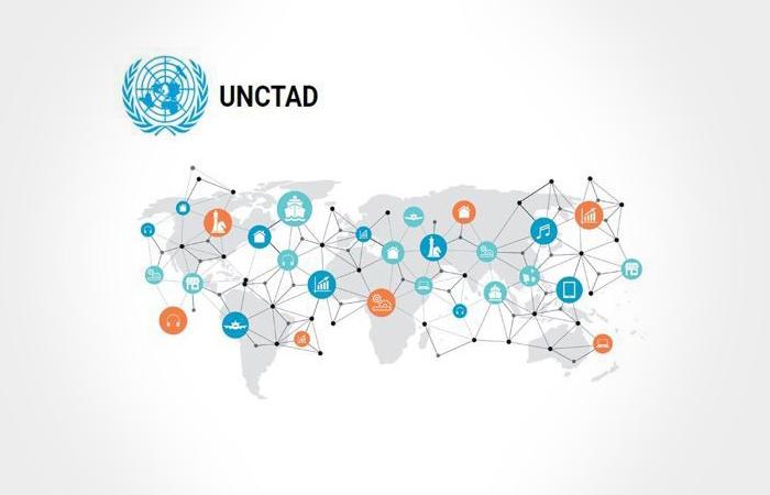 mapa-mundi com símbolo da UNCTAD 
